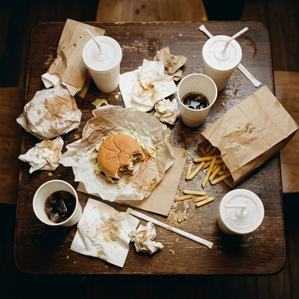 Fast food wrappers on an empty table
