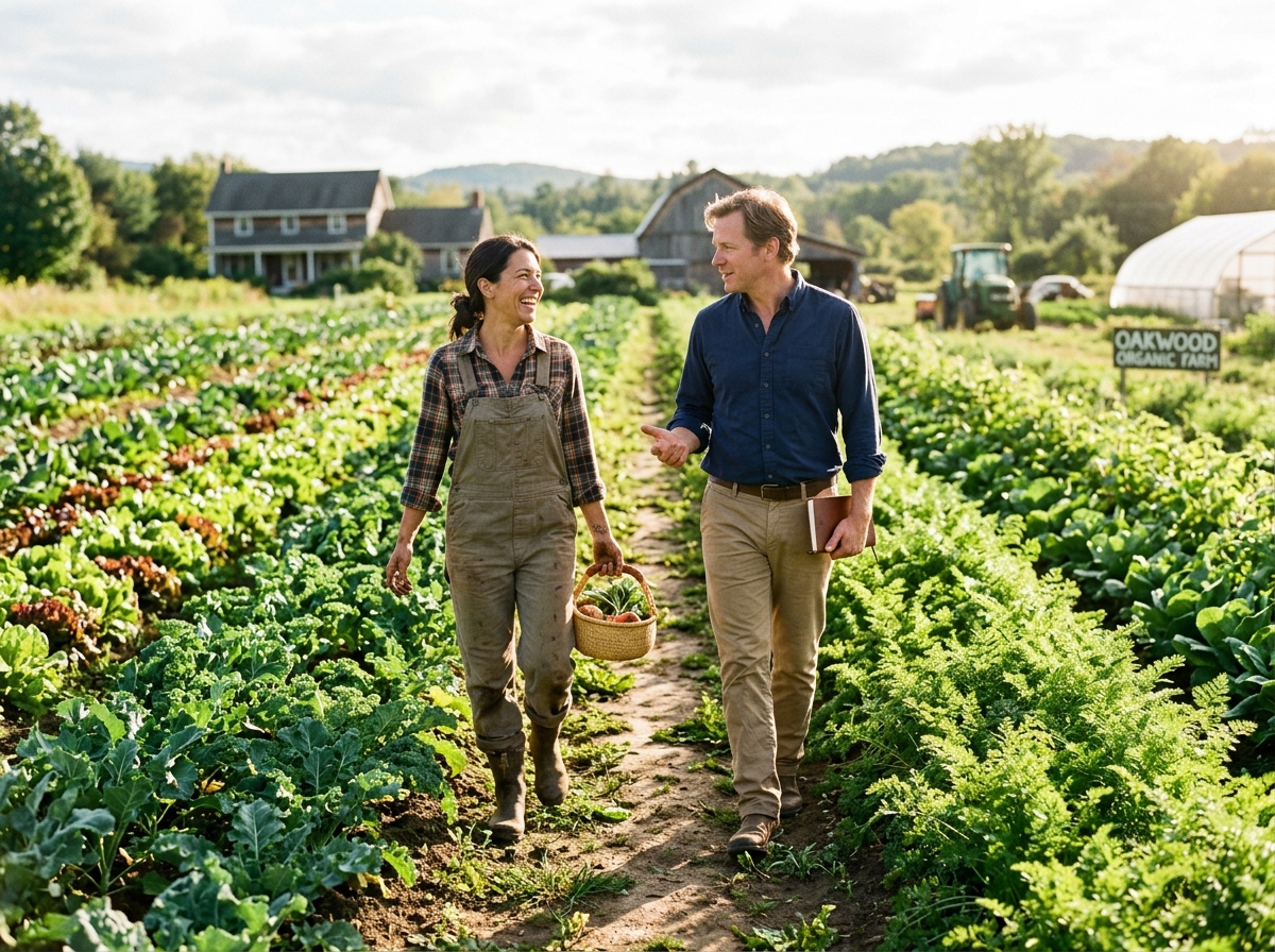 Grower and partner walking farm fields side by side