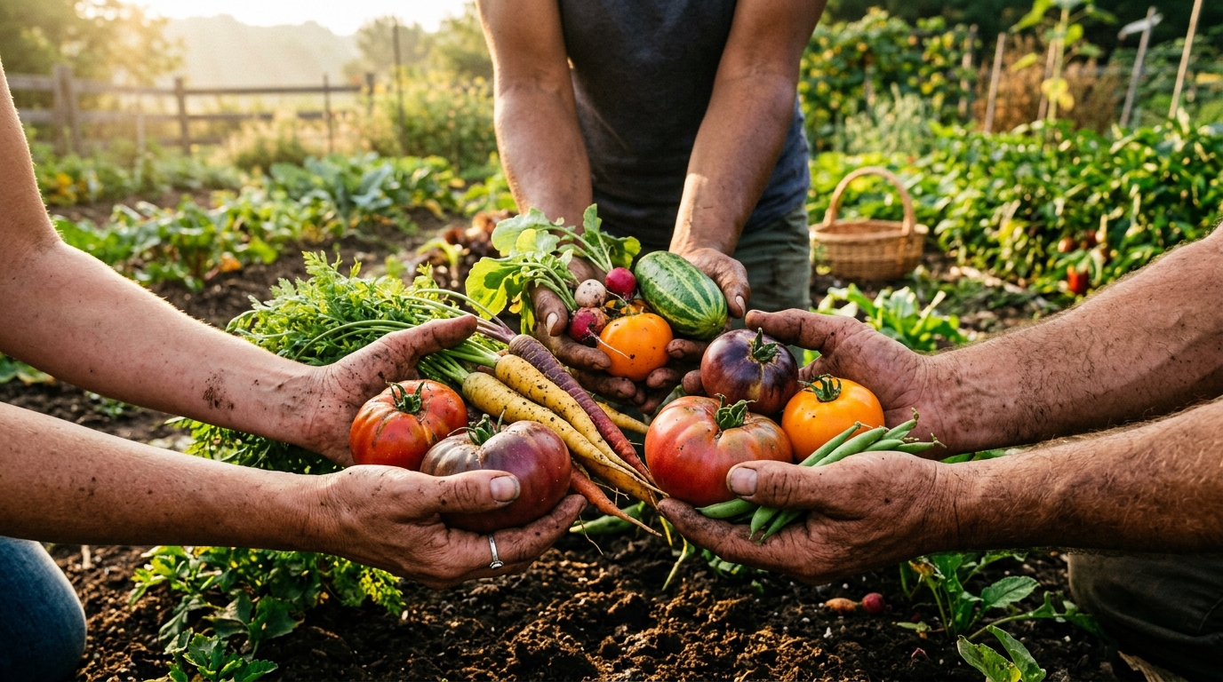 Hands holding freshly harvested organic vegetables in warm sunlight